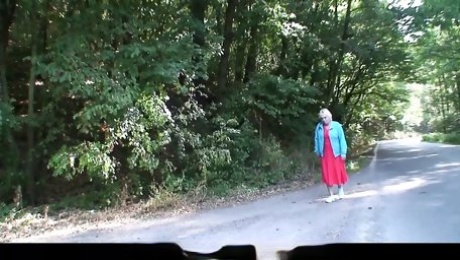 Young dude doggy-fucks 80 years old granny roadside