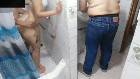 Perverted stepmom her stepson in the bathroom when her husband almost caught them